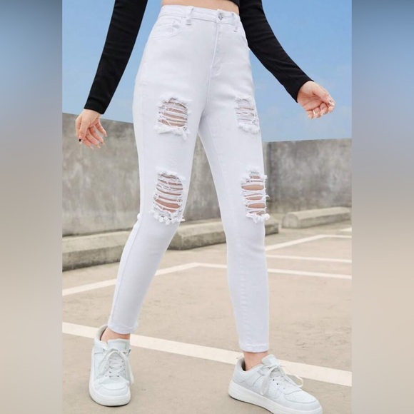 SHEIN Womens Distressed Skinny Ankle Denim White Jeans Sz Medium (6) - Picture 1 of 6